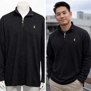 Polo Ralph Lauren Sweater Mens 2XL Black Estate Rib 1/4 Zip Pullover Flesh Pony